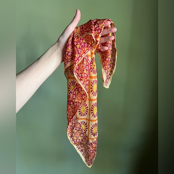 Summer Silk Scarf, Bright Floral Print, Hand Rolled Edges, Batik Square Scarf - Picture 6 of 11